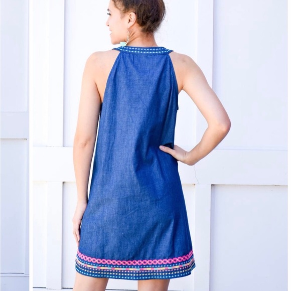 Savanah Jane Boho Blue Chambray Embroidered Sleeveless Shift Dress Sz S - Picture 2 of 14